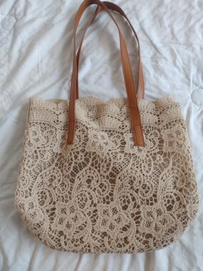 Vintage Beige Crochet Tote with Brown Straps